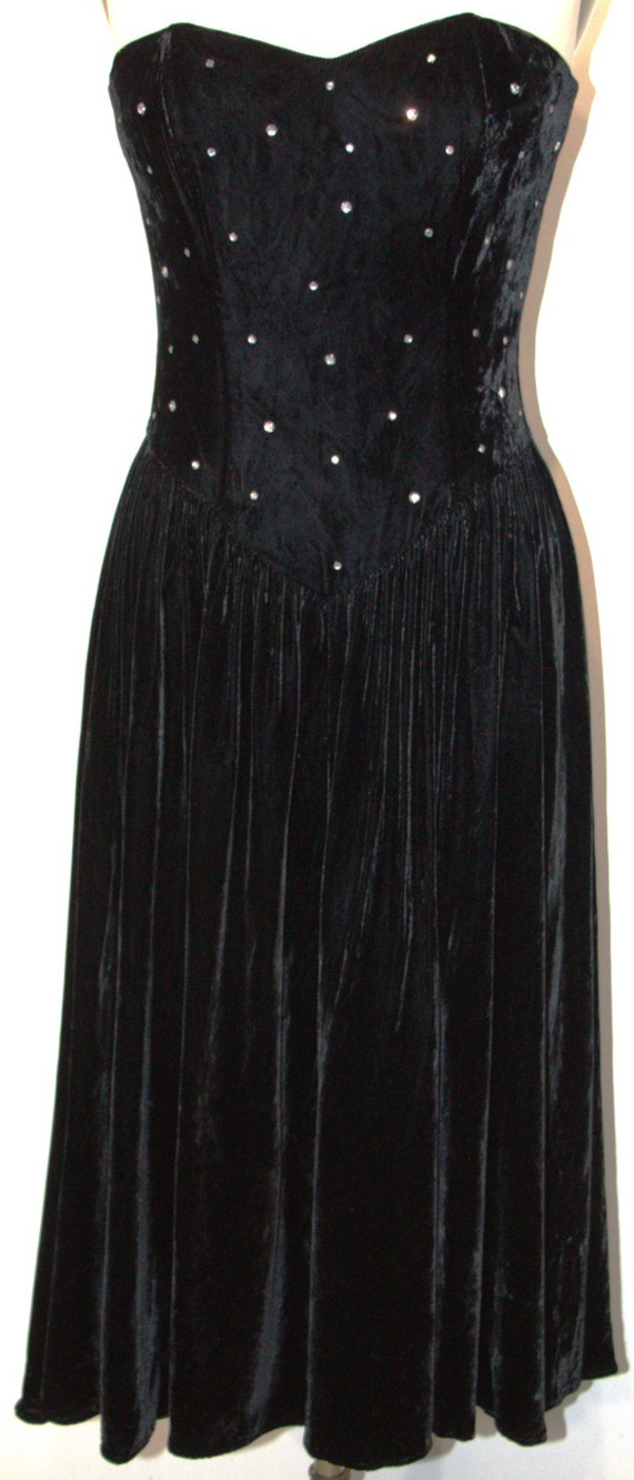 Vintage 80s Drop Waist Black Velvet Dress M Rhinestone Bodice Strapless